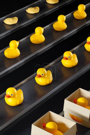 Photo for A production line filled with yellow rubber ducks on a conveyor belt in a factory of kids toys. Packed ducks can be seen in the background. - Royalty Free Image