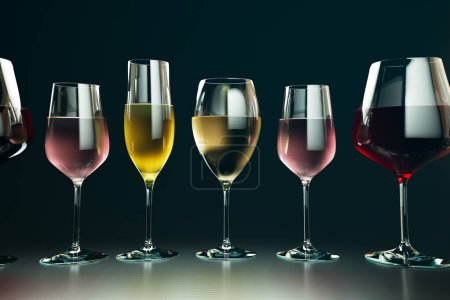 Photo for A set of glasses filled with different kinds of wine and sparkling champagne against the dark background. Winery scene. Concept of celebrating New Year, anniversary. Variety of tasty alcoholic drinks. - Royalty Free Image