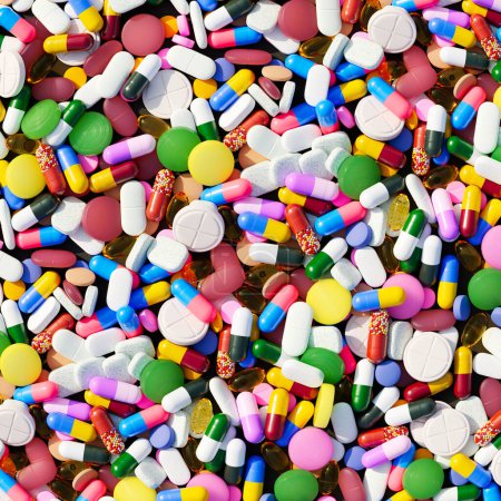 Téléchargez les photos : D'innombrables pilules, capsules et comprimés en différentes couleurs composent cette image vibrante, parfaite pour représenter la médecine, la pharmacie et les industries de la santé. - en image libre de droit