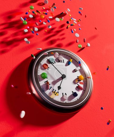 Photo for Colorful pills and capsules falling in slow motion. An analog clock with different medicaments over the hour numbers shows passing time. Organizing and managing medication. Reminder for a patient. - Royalty Free Image