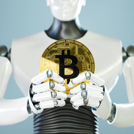 Téléchargez les photos : Une main robotique métallique saisit une pièce Bitcoin brillant, représentant la montée de la monnaie numérique décentralisée et sa gestion par l'intelligence artificielle à travers blockchains. - en image libre de droit