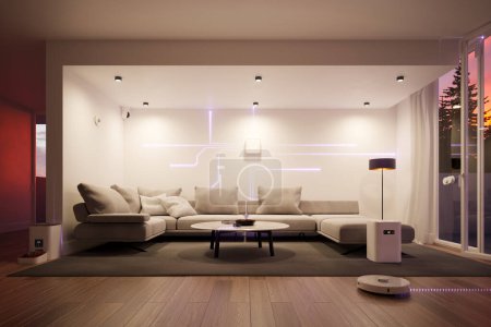 3D rendering of a smart home central hub with flashing light beams connected to various smart devices, such as a vacuum cleaner, camera, or pet feeder, all managed by the smart home system via WIFI.