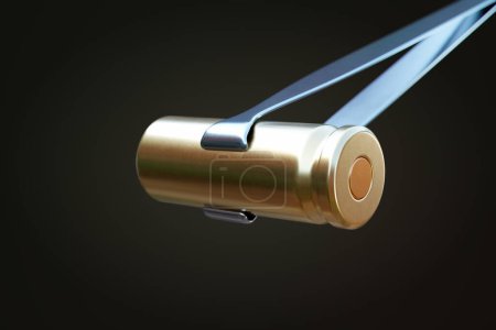 3D-Darstellung einer aus einem Gewehr abgefeuerten Metallkugel, gehalten von einer Pinzette. Ein Symbol für Verbrechen, Korruption, Gewalt und Unheil. Perfekt zur Darstellung von Untersuchungen oder forensischen Analysen.