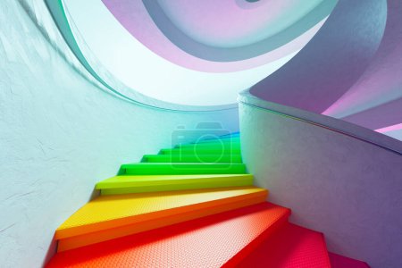 Photo for Tall, modern, contemporary bright rainbow spiral staircase with detailed textures and materials. Illusion of infinite design created abstract, dreamlike style of illustration. - Royalty Free Image