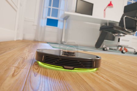 Close-up view of the smart cleaning robot racing through the whole home area. Detecting and avoiding obstacles at a high speed. Removing dust and clean wooden floor. Remote controlled. Self-driving.