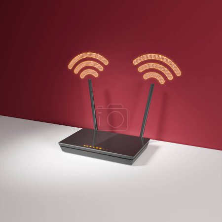 Foto de Router inalámbrico moderno en la sala de estar. Conexión de red para dispositivos domésticos inteligentes. Red wi-fi doméstica. Internet a través de un router en el teléfono, portátil y tableta PC. Accesorios de tecnología de comunicación. - Imagen libre de derechos