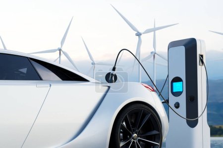 Elektroauto an das Ladegerät angeschlossen. Konzept der alternativen Energiewirtschaft. Nachhaltige Ressourcen. Nutzung des Windes zur Stromerzeugung durch Windräder. Grüne Elektromobilität