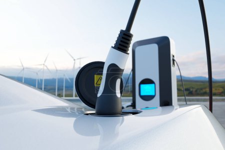 Téléchargez les photos : Animation avec une voiture électrique connectée au chargeur. Concept de l'industrie des énergies alternatives. Ressources durables. Utilisation de l'énergie éolienne pour produire de l'électricité. Électromobilité verte - en image libre de droit