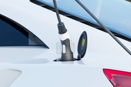 Animation with an electric car connected to the charger. Concept of the alternative energy industry.  Sustainable resources. Using wind to produce electricity by wind turbines. Green electromobility