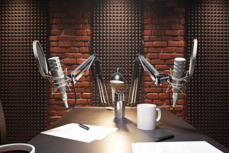 Photo for Podcast audio recording items in a climatic broadcasting studio. On-air sign. Professional microphones, comfortable chairs with a table in a bright studio with white walls.  Audio record. Journalism. - Royalty Free Image