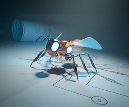 Téléchargez les photos : Un robot abeille artificielle doré assemblé debout sur ses schémas de plan. Un premier démarrage d'insecte futuriste. Allumez la lumière, vérifiez les systèmes, testez les membres. Bureau design plein de plans. - en image libre de droit
