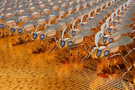 Foto de Un ejército de innumerables pequeños robots de abejas artificiales blancas están alineados en un piso dorado hexagonal, listos para un trabajo importante. Cada robot está equipado con tecnología avanzada - Imagen libre de derechos