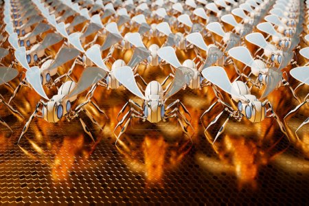 Téléchargez les photos : Une armée d'innombrables petits robots abeilles artificiels blancs sont alignés sur un plancher d'or hexagonal, prêts pour un travail important. Chaque robot est équipé d'une technologie de pointe. - en image libre de droit