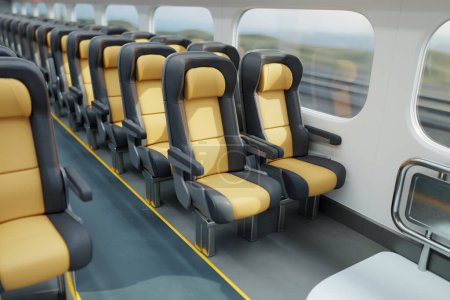 Téléchargez les photos : Vue de l'intérieur moderne d'un train à grande vitesse depuis l'allée entre des rangées de sièges confortables et vides aux couleurs neutres. - en image libre de droit