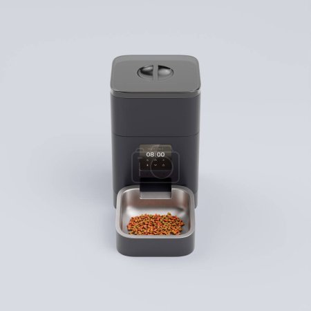 A 3D rendering of an automatic smart pet feeder with kibble in the bowl. Perfect for pet owners who want to ensure their pets are fed on a schedule.