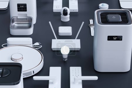 A collection of smart home devices displayed on a grey table, communicating with each other wirelessly. This 3D rendering showcases modern wireless technology for domestic appliances.