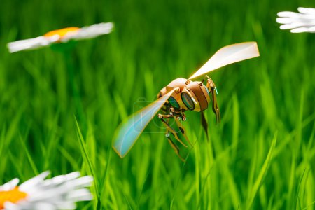Téléchargez les photos : Rendu 3D d'un robot abeille conçu pour la pollinisation des plantes, survolant une prairie avec marguerites et herbe verte. Insecte artificiel prêt à polliniser les plantes et les fleurs. - en image libre de droit