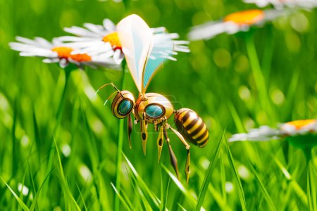 Téléchargez les photos : Rendu 3D d'un robot abeille conçu pour la pollinisation des plantes, survolant une prairie avec marguerites et herbe verte. Insecte artificiel prêt à polliniser les plantes et les fleurs. - en image libre de droit