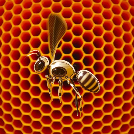Una abeja artificial viajando a través de una colmena colorida, anaranjada, translúcida y falsa. La microtecnología futurista a pequeña escala funciona según lo planeado. Pared de cera de abejas. Robot de metal insecto.