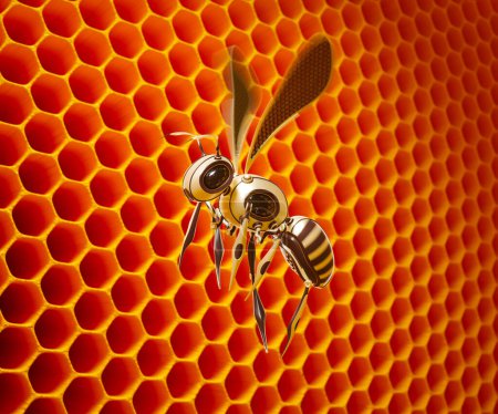 Una abeja artificial viajando a través de una colmena colorida, anaranjada, translúcida y falsa. La microtecnología futurista a pequeña escala funciona según lo planeado. Pared de cera de abejas. Robot de metal insecto.