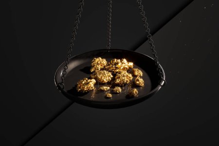 Photo for Close up of a jewellery scale with gold nuggets. Weighting gold ores on an old brass scale dish for trade or exchange. Concept of Wealth, treasure, fortune, success, luxury, money - Royalty Free Image