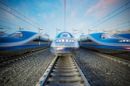 A row of sleek, modern high-speed trains at a station, set against a clear blue sky. Perfect for transportation or technology-related concepts.