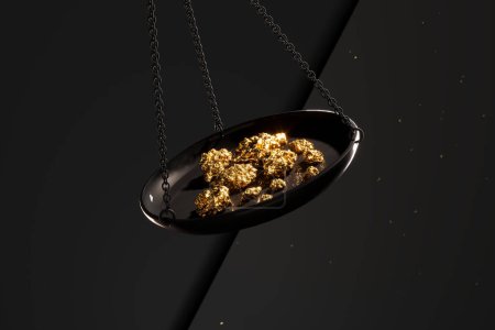 Téléchargez les photos : Gros plan d'une balance à bijoux avec pépites d'or. Pondération des minerais d'or sur un vieux plat en laiton pour le commerce ou l'échange. Concept de richesse, trésor, fortune, succès, luxe, argent - en image libre de droit
