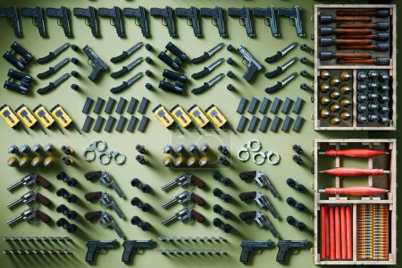 Armas y cajas militares llenas de municiones. Accesorios del ejército. Equipo de guerra. Munición, cartuchos, pistolas, materiales explosivos, binoculares, granadas, cuchillos, linternas, esposas.