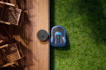Foto de Un concepto de equipo para el hogar inteligente. Un robot de césped corta el patio mientras que una aspiradora limpia la terraza de madera en el jardín. Los electrodomésticos inalámbricos cuidan la casa. Tecnología remota moderna - Imagen libre de derechos