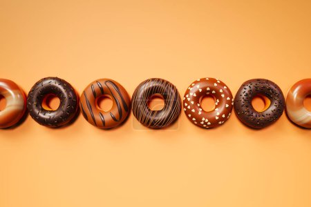Photo for Close-up of a one row of freshly baked glazed donuts, generously topped with chocolate and caramel sprinkles. Chocolate, vanilla flavour round cookies. - Royalty Free Image