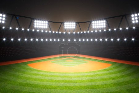 Photo for Empty baseball stadium during the night. Freshly cut grass radial pattern and orange dirt in the spotlight. Many lights illuminate the playing field ready for American national competitive sport. - Royalty Free Image