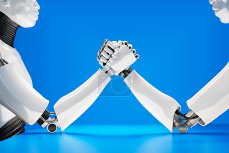 Téléchargez les photos : Deux robots en compétition de bras de fer. Bras cyborgs métalliques brillants se tenant l'un l'autre sur fond noir. Réalisation de l'intelligence artificielle. Bataille de machines. Domination technologique. Algorithmes avancés - en image libre de droit