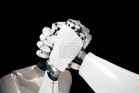 Photo for Two robots arm wrestling competition. Shiny, metallic cyborg arms holding each other on black background. Artificial intelligence achievement. Machine fight. Technology domination. Advanced algorithms - Royalty Free Image