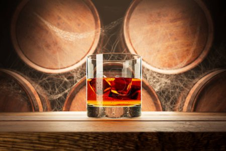 Photo for Glass of fine aged whiskey with ice in liquid. Old, dusty distillery cellar with many wooden barrels covered by dense cobwebs. Maturation of finest alcohol beverage takes time. Seasoning hard liquor. - Royalty Free Image