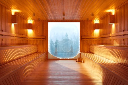 Foto de Hermosa y cálida sauna de madera con gran ventana helada y bosque de coníferas de invierno azul frío en el fondo durante la nieve. El contraste de la temperatura. - Imagen libre de derechos