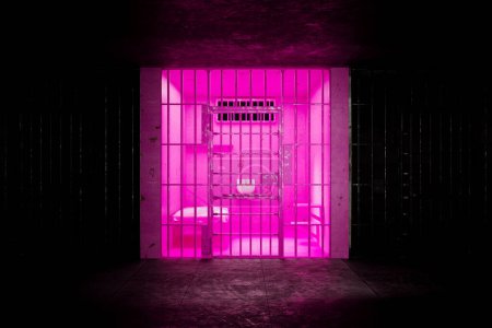 Empty pink cell in a prison block. Colour chose to pacify, calm down, aggressive criminals serial killers, psychos, insane inmates. Well deserved time behind metal bars for brutal crimes.