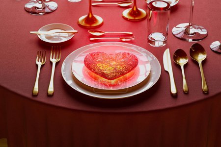 Téléchargez les photos : Assiette de vaisselle blanche en osier rouge en forme de coeur sur une table de restaurant. Une lumière chaude éclatante éclaire l'environnement de l'intérieur. Rendez-vous romantique dans un bistrot chic. Symbole d'amour et de désir. - en image libre de droit