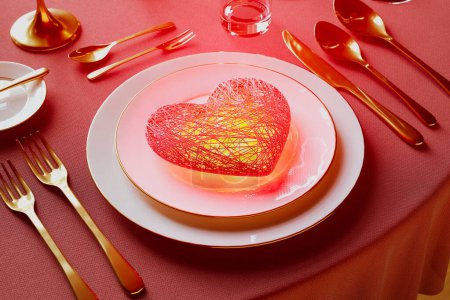 Téléchargez les photos : Assiette de vaisselle blanche en osier rouge en forme de coeur sur une table de restaurant. Une lumière chaude éclatante éclaire l'environnement de l'intérieur. Rendez-vous romantique dans un bistrot chic. Symbole d'amour et de désir. - en image libre de droit