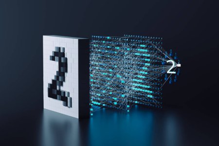 Image of convolutional neural network. Teaching a computer to recognize hand-written numbers. GPU. Digital neurons. Machine learning process. Artificial intelligence, AI, Data analyzing.
