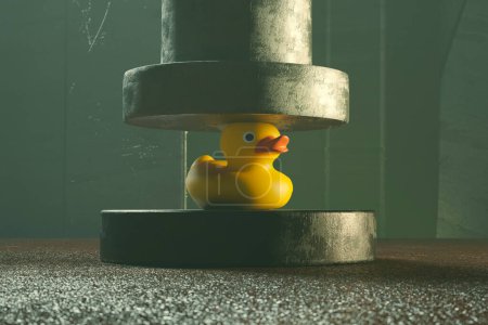 Rubber duck in the industrial environment. The metal pneumatic press tries to squash up a cute yellow toy. Enormous resistant. Strong. Surprising. A toy stands out against the factory.