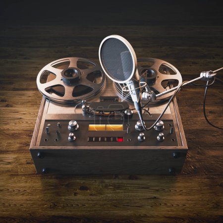 Photo for Analog stereo reel tape deck recorder. The player with metal reels. Vintage Reel-to-reel. Recording studio condenser microphone with pop filter and anti-vibration mount. Audio equipment. Mic. - Royalty Free Image