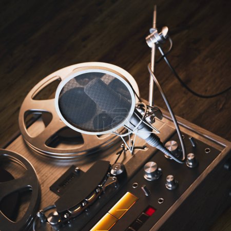 Photo for Analog stereo reel tape deck recorder. The player with metal reels. Vintage Reel-to-reel. Recording studio condenser microphone with pop filter and anti-vibration mount. Audio equipment. Mic. - Royalty Free Image