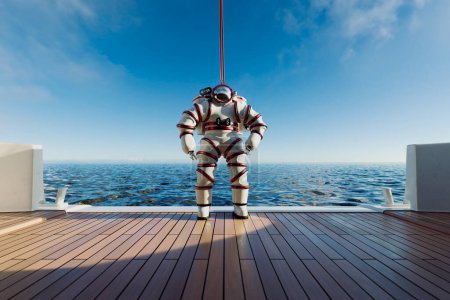 Diver in a newly-designed, high tech exosuit on board the ship. Unconventional gear to dive deeper than before. Underwater discovering. Submarine suit. Marine science. An atmosphere of great adventure