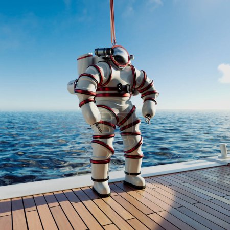 Photo for Diver in a newly-designed, high tech exosuit on board the ship. Unconventional gear to dive deeper than before. Underwater discovering. Submarine suit. Marine science. An atmosphere of great adventure - Royalty Free Image