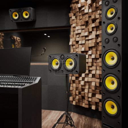 Photo for Speakers in the music recording studio. Professional sound mixing. Broadcast production concept. Control desk for a musician. Audio record technology. Singer. Radio. Studio monitor. Interior - Royalty Free Image