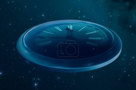 Giant clock measuring the passage of unforgiving time in a vast, dark empty cosmos space. Seconds, minutes, hours, days, months and years move the watch hand. Background with the sky full of stars.