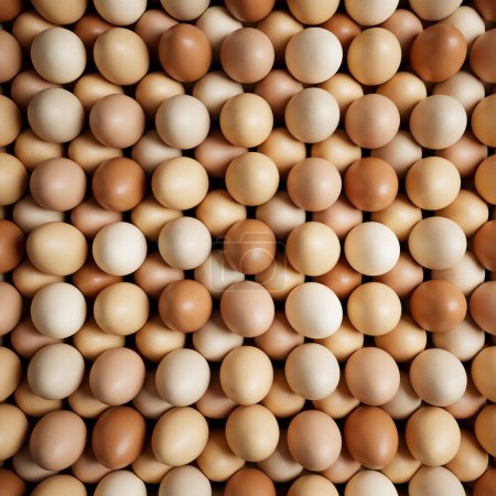 Ein Blick von oben auf eine Fülle frischer, gesunder roher Hühnereier in verschiedenen Schattierungen, fein säuberlich in einem Eierkarton angeordnet, perfekt für ein leckeres Frühstück.