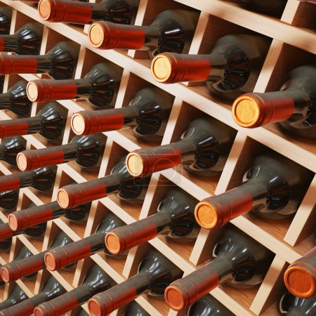 Foto de Botellas de vino ordenadas en estantes de madera en una bodega oscura. Concepto de vinificación tradicional en la bodega. Gran almacenaje de vinos en viñedo o restaurante. - Imagen libre de derechos