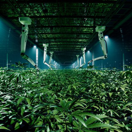 Foto de Las plantaciones modernas de cáñamo legal están siendo atendidas y cosechadas por robots. El equipo de alta tecnología garantiza que cada paso del proceso de cultivo sea preciso y eficiente. Cáñamo de alta calidad - Imagen libre de derechos