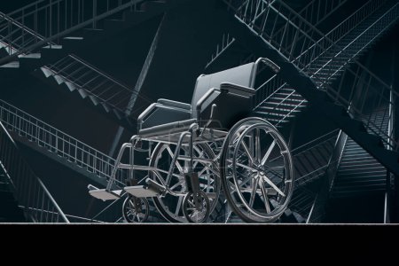 Silla de ruedas en el laberinto de escaleras. Concepto de superar las dificultades a las que se enfrentan las personas con discapacidad. Poner énfasis en los obstáculos y barreras. Atención médica, inválida, discapacidad. Desafíos